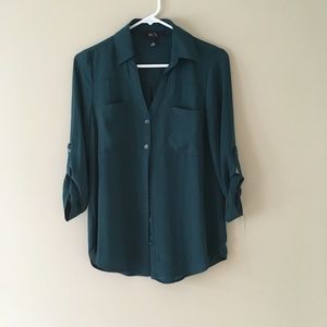 Dark Green 3/4 sleeve button front blouse